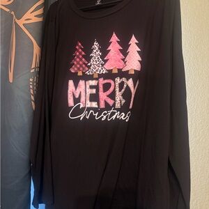 Merry Christmas Graphic Long Sleeve Tee - Pink Trees